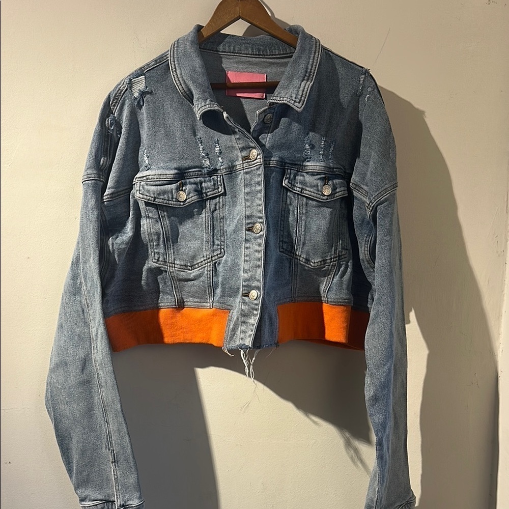 Azalea Wang Denim Cropped Jacket with Orange Trim